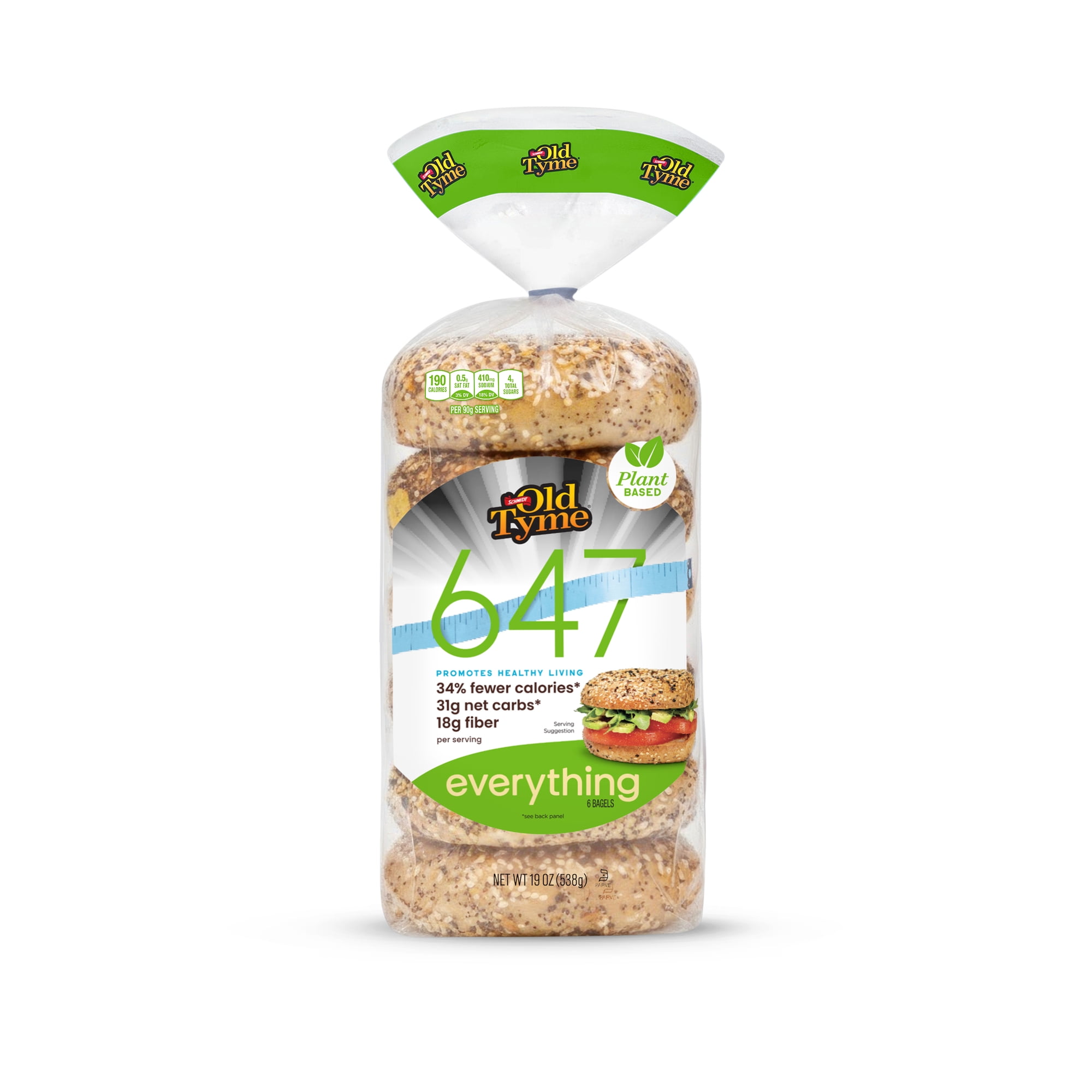 Schmidt Old Tyme 647 Everything Bagel Breads (6 Pack) - 34% Fewer Calories, 31g Net Carbs, 18g Fiber - Plant-Based, Light Brown