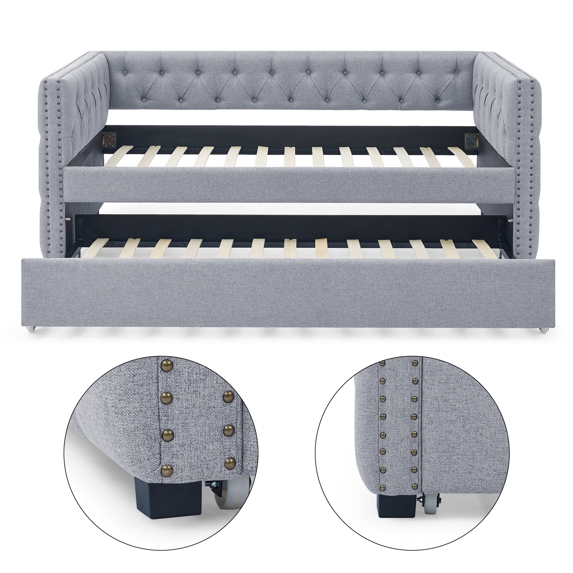 Aukfa Upholstered Daybed with Trundle, Twin Daybed, Button Tufted, Nailhead Trim - Gray