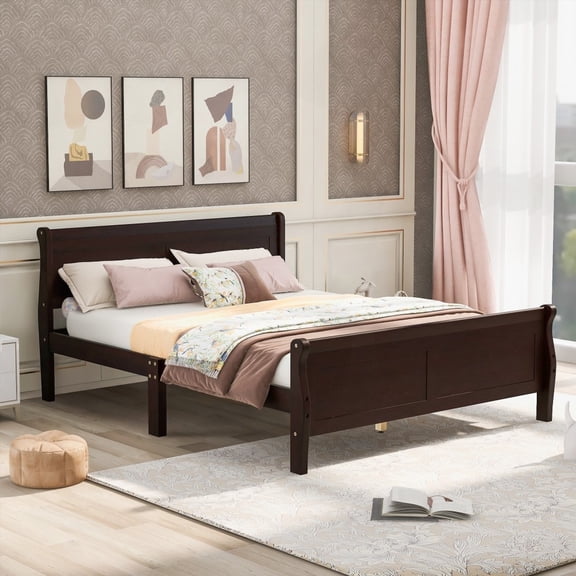 Wooden Platform Bed - Full Size with Headboard & Slat Support (Espresso) - Stable & Classic Design