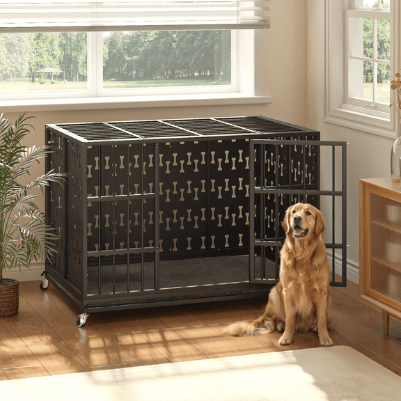 BOSSIN 48 Inch Steel Cushion Dog Crate Heavy Duty Chew Proof Kennel for Large Dogs, XL Metal Cage with Locking Wheels