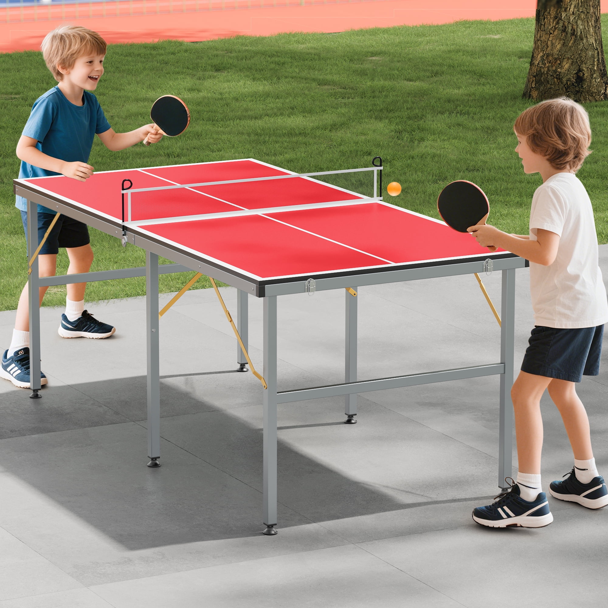 Ping Pong Table Foldable Table Tennis Table with Net, Table Tennis Paddles and Balls, 6x3FT Multi-Use Family Game Table for Kids Teenager Adult, Compact & Portable