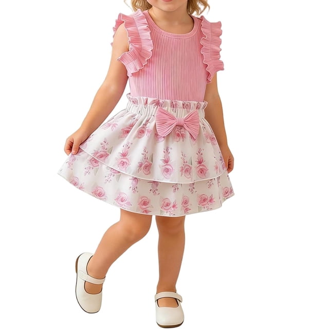 Zpanxa Girls Outfits Sleeveless Ruffled Round Neck Lace Embroidery Mesh Princess Bow Skirt Top and Pants Set 2-3 Years