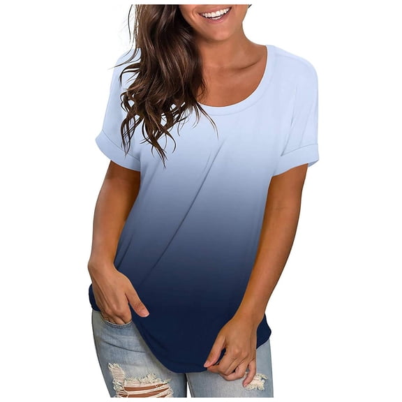 hoksml Tops Women Summer Casual T-shirt Gradient Pullover Blouse Short Sleeve Tops Blue XL