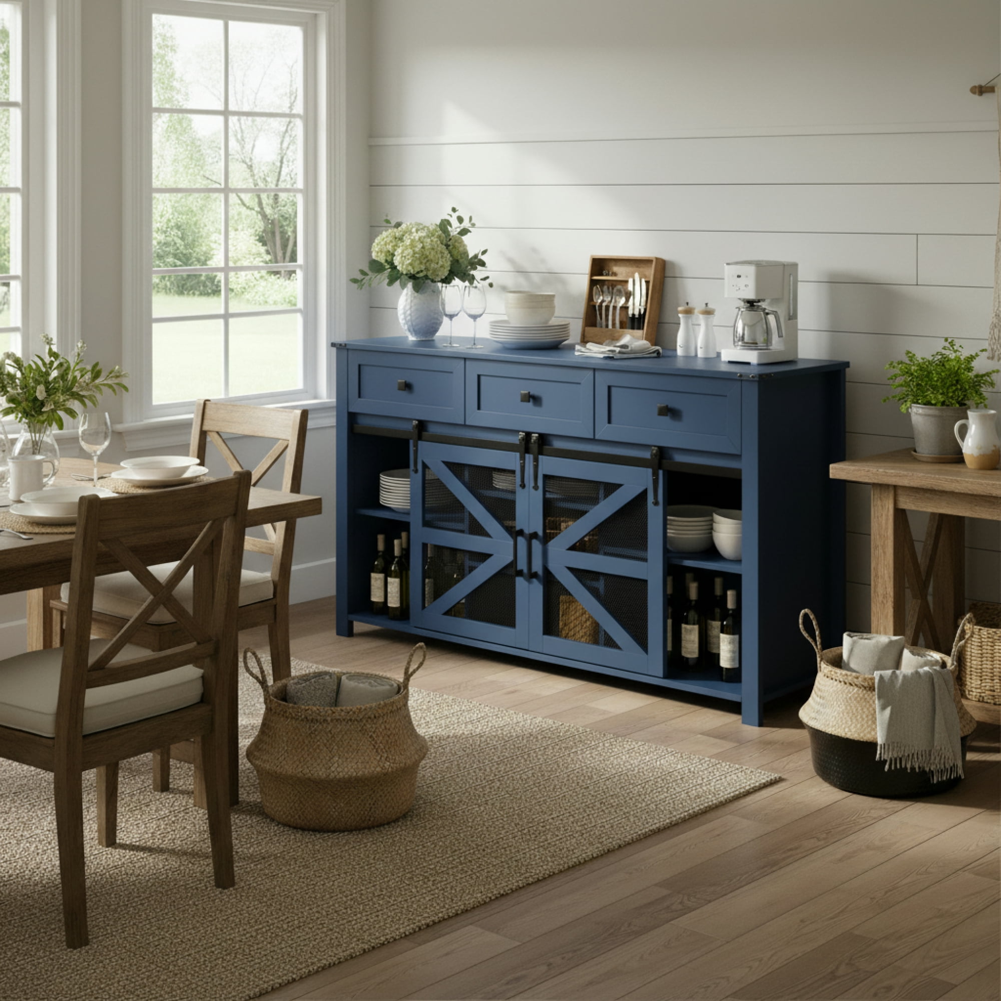 Leumius 55In Sliding Barn Door Sideboard Buffet Cabinet with 3 Drawers, Adjustable Shelves, Metal Mesh & Particleboard Doors, Aluminum Handles, Industrial Storage for Living or Dining Room Blue