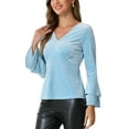 thumbnail image 4 of INSPIRE CHIC Women's Christmas V Neck Velvet Blouse Halloween Party Flare Long Sleeve Peplum Top M Light Blue, 4 of 6