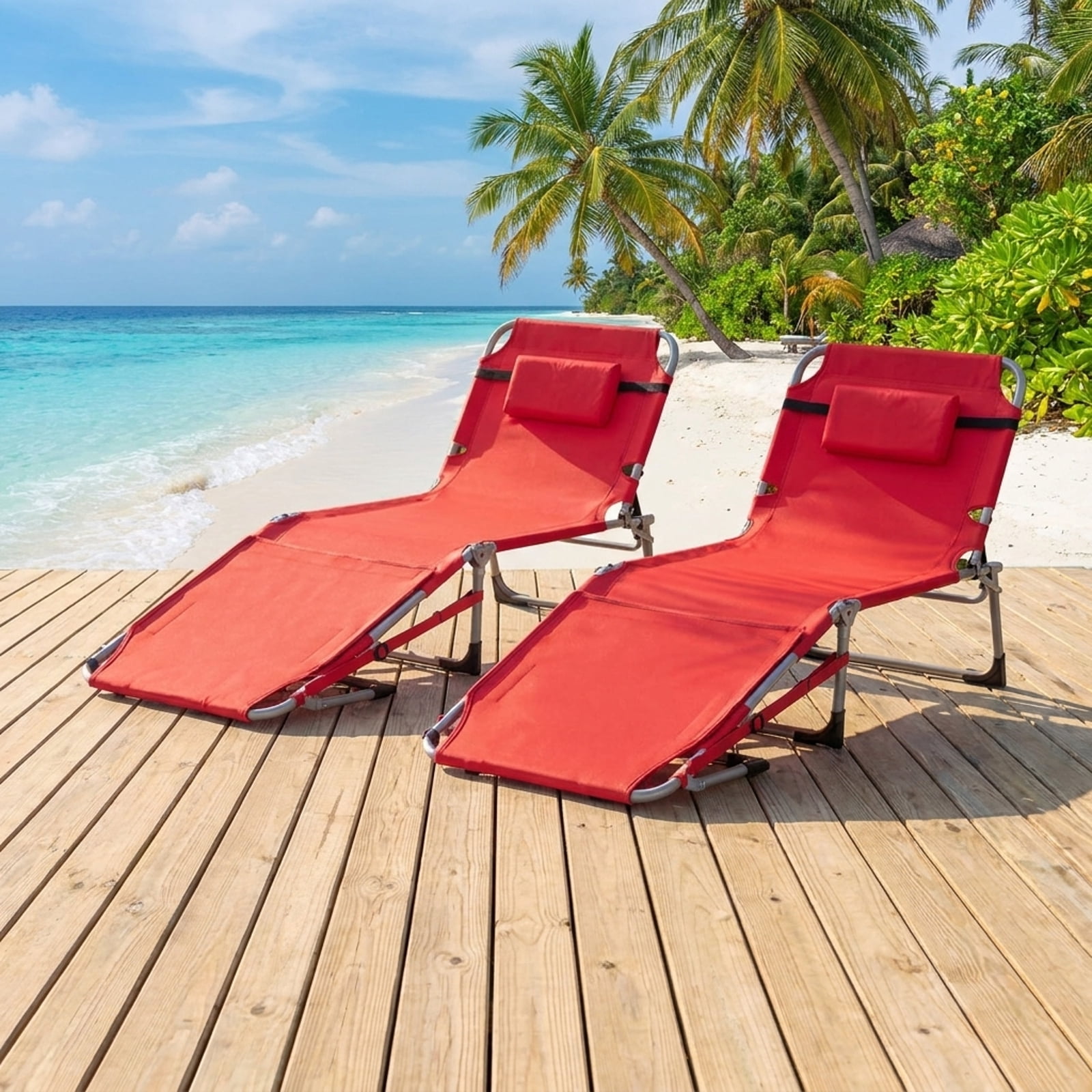Furnibear Tanning Chair with Face Arm Holes Portable Sunbathing Chair with Adjust and Insert Backrest, 500D Oxford Fabric, Side Pocket and 330 lbs Capacity, Red