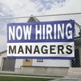 thumbnail image 2 of Now Hiring Managers 13 oz Heavy Duty Vinyl Banner General Manager Jobs Available Help Wanted Sign for Business Advertising Indoor/Outdoor Single-Sided with Metal Grommets (2x5 ft, Wh & Bl & Bk), 2 of 6