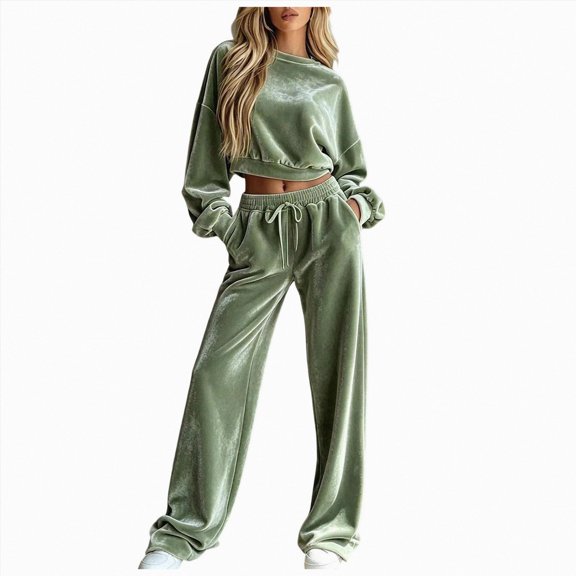 Leey-World Women'S Outfit Sets Women Fall Clothes Winter Solid Color Long Sleeve Pullover Crop Top and Wide Leg Pants Lounge Set Travel Outfits for Women