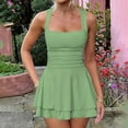 thumbnail image 2 of Huowey Women Tennis Dress Sleeveless Wide Strap Popular Square Neck High Waist Ruched A-Line Ruffle Tiered Flowy Athletic Sport Workout Yoga Mini Dresses,Green,M, 2 of 8