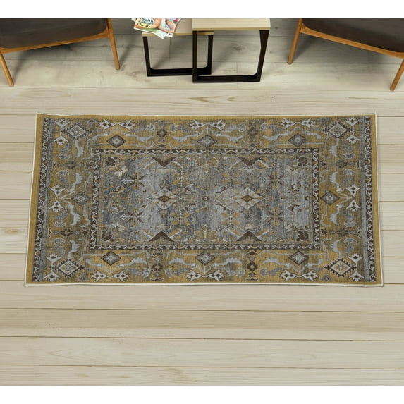 Ethnic Decorative Rug, Geometric Style Triangles and Squares Tribal Design of Shapes Leaves Art, Quality Carpet for Bedroom Dorm and Living Room, 6 Sizes, Earth Yellow Dimgray, by Ambesonne