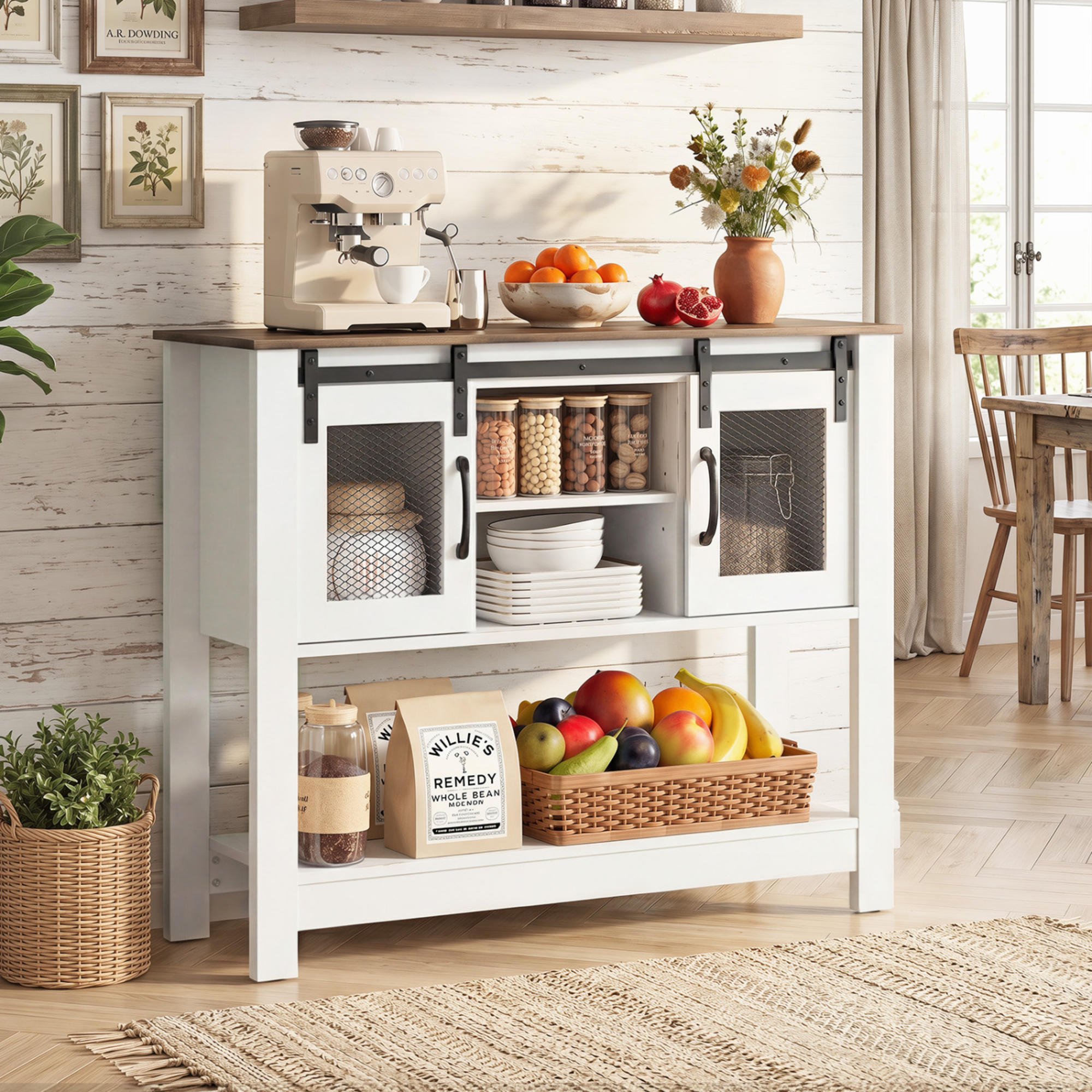 Rustic Brown Console Table with Sliding Barn Doors Storage Cabinets and Adjustable Shelf