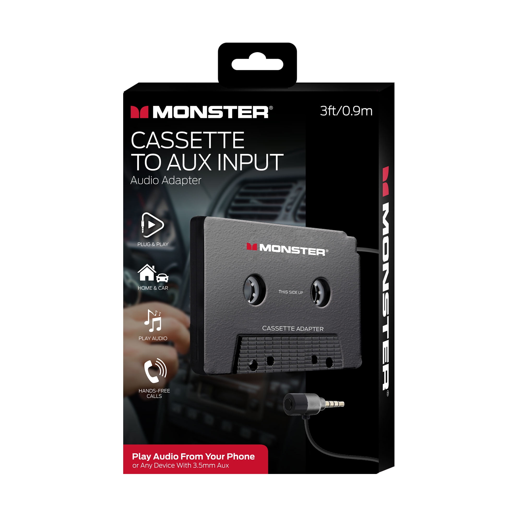 Monster Aux Cord Cassette Adapter 800 - iCarPlay for Car Tape Deck,  Auxiliary To Dashboard, MP3 Player, iPod and iPhone - 3 ft Black Cable 