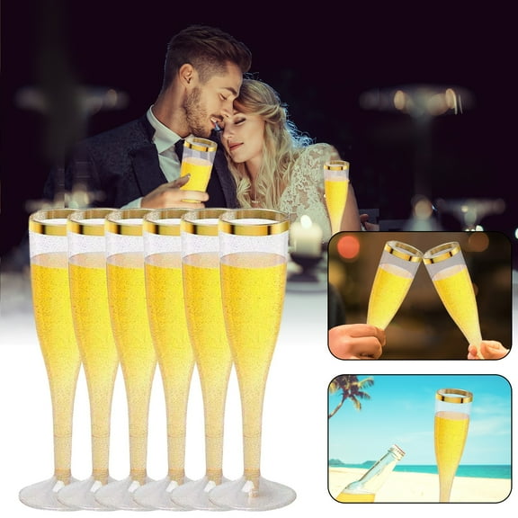 LHWEN 6.5oz Gold Glitter Plastic Champagne Flutes Disposable Rose Gold Party Glasses for Weddings Graduations Birthdays and Anniversaries Food-Grade Recyclable Plastic Set of 6 Elegant Fancy Tumblers