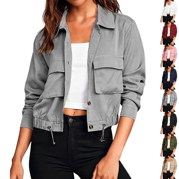QINGFSAP Womens Lapel Button Front Jacket Long Sleeve Outdoor Casual with Pockets Lightweight Top