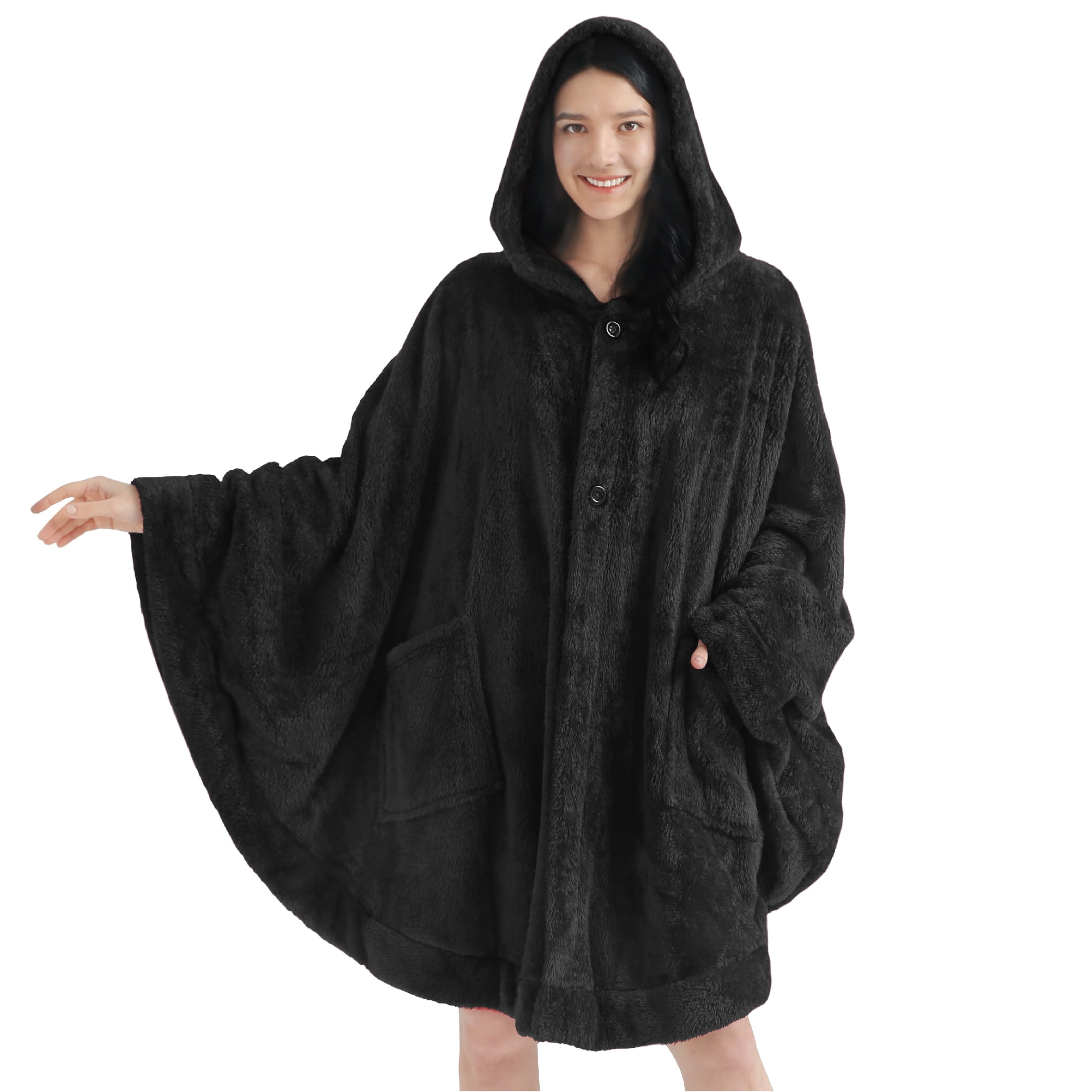 Pavilia Angel Wrap Hooded Blanket Poncho Sherpa Fleece, Black