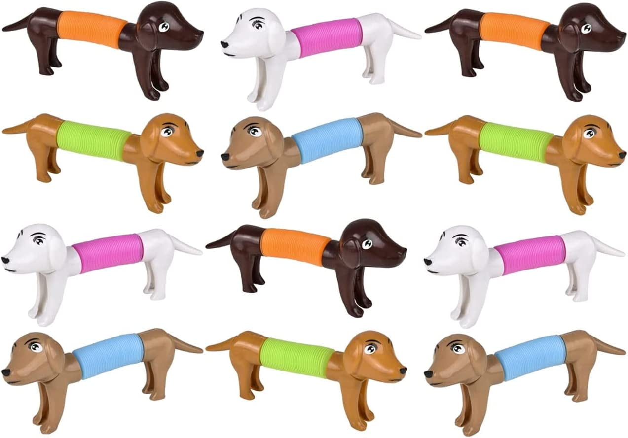Set of 12 (1 Dozen) Cute Weiner Dog Pull and Pop Snap Animal Expanding  Flexible Accordion Tube Toy - Free Play - Open Ended Fidget Toy