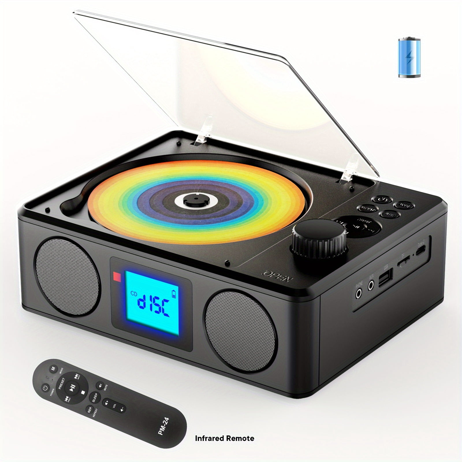 CD Player with Speakers And Remote: Rechargeable BT Desktop CD Radio with Sleep Timer,  Portable CD Players for Home Outdoor, USB/TF/LCD Display/Earphone Jack, Music Lover/Gift