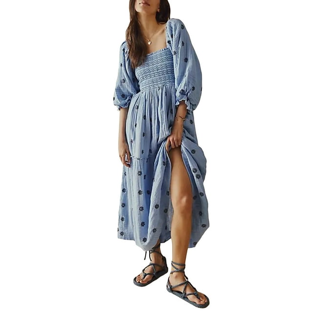Kmbangi Robe Longue Décontractée d'Été pour Femme, Fleurs Brodées 3D, Encolure Carrée, Manches Bouffantes, Robe Mode Dos Nu, Robe Trapèze