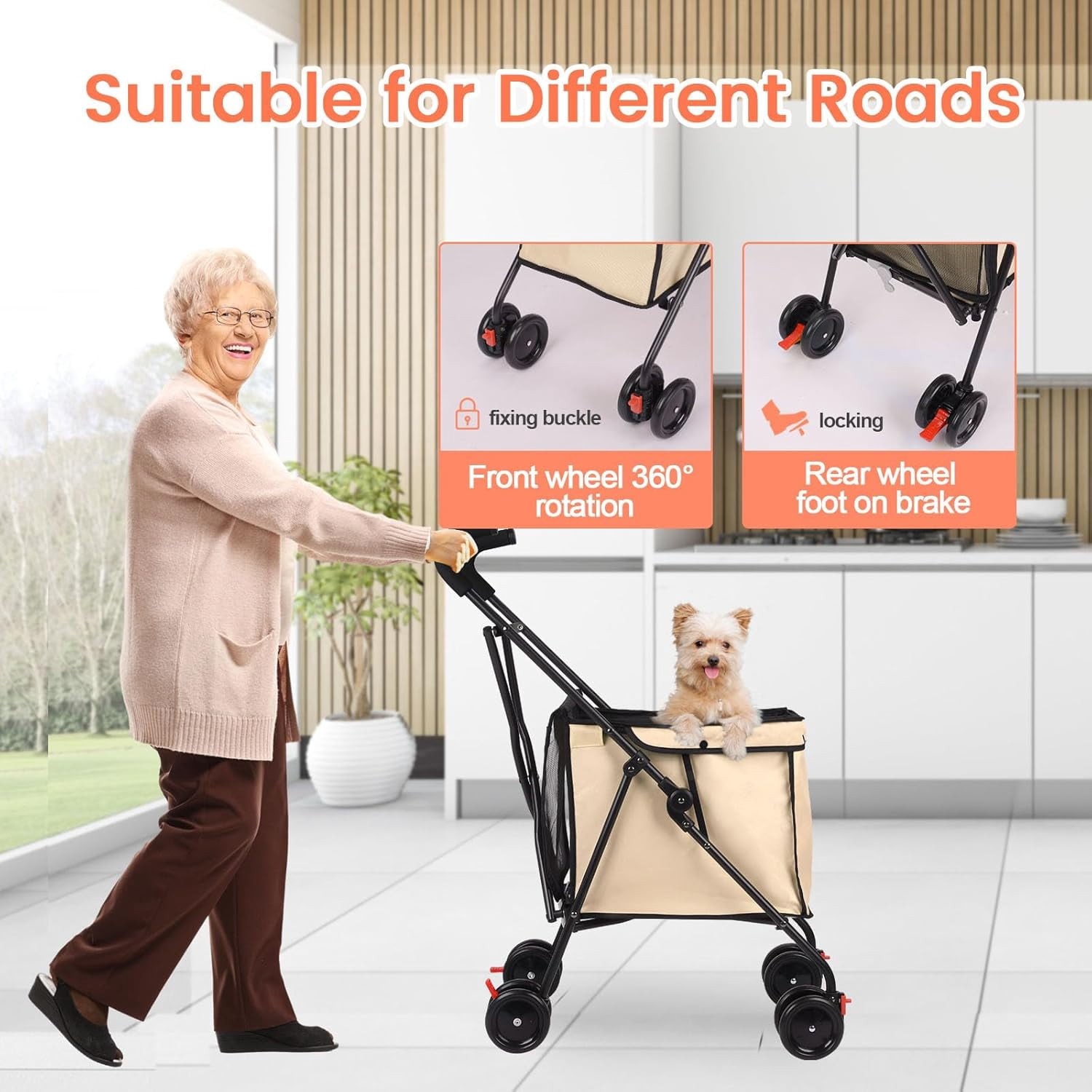 Dog Strollers, Shopping Cart, Collapsible Folding Utility Wagons Carts Heavy Duty, The Original Patented, 60lbs Capacity, Minimalist for Cats Pets Outdoor Camping Shopping Sports Garden (Khaki)