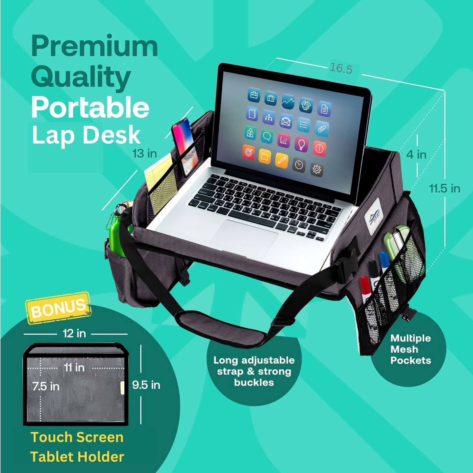 Cerizona Travel Lap Desk - Travel Tray, Portable Lap Desk for Car, Remote Work, Trips, School - Storage Pockets, Laptop Tablet Sleeve, Adjustable Carrying Strap - Fits up to 15.6-Inch Laptop (Gray)