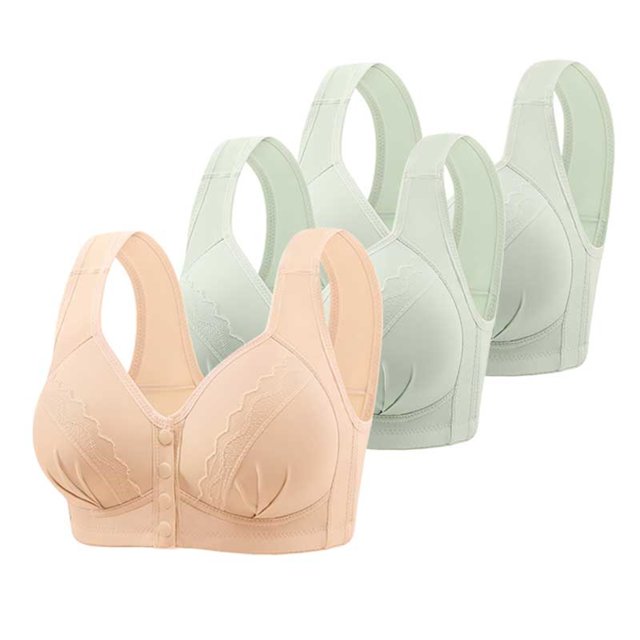 Women's 3PC Adjustable Support Bra with Lace Embroidered Design, Wireless Full Coverage Comfort Bra for Older Women, Front Closure Supportive Underwear for Daily Wear and Post Surgery Recovery Green