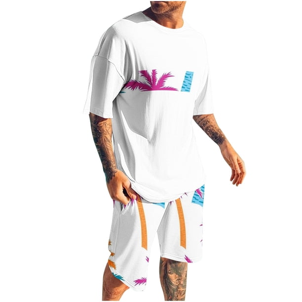 Mangas de Mano para Hombres, Impresión Hawaiana Suelta Casual, Pantalones Cortos Deportivos de Cintura Elástica Y Set de Blusa