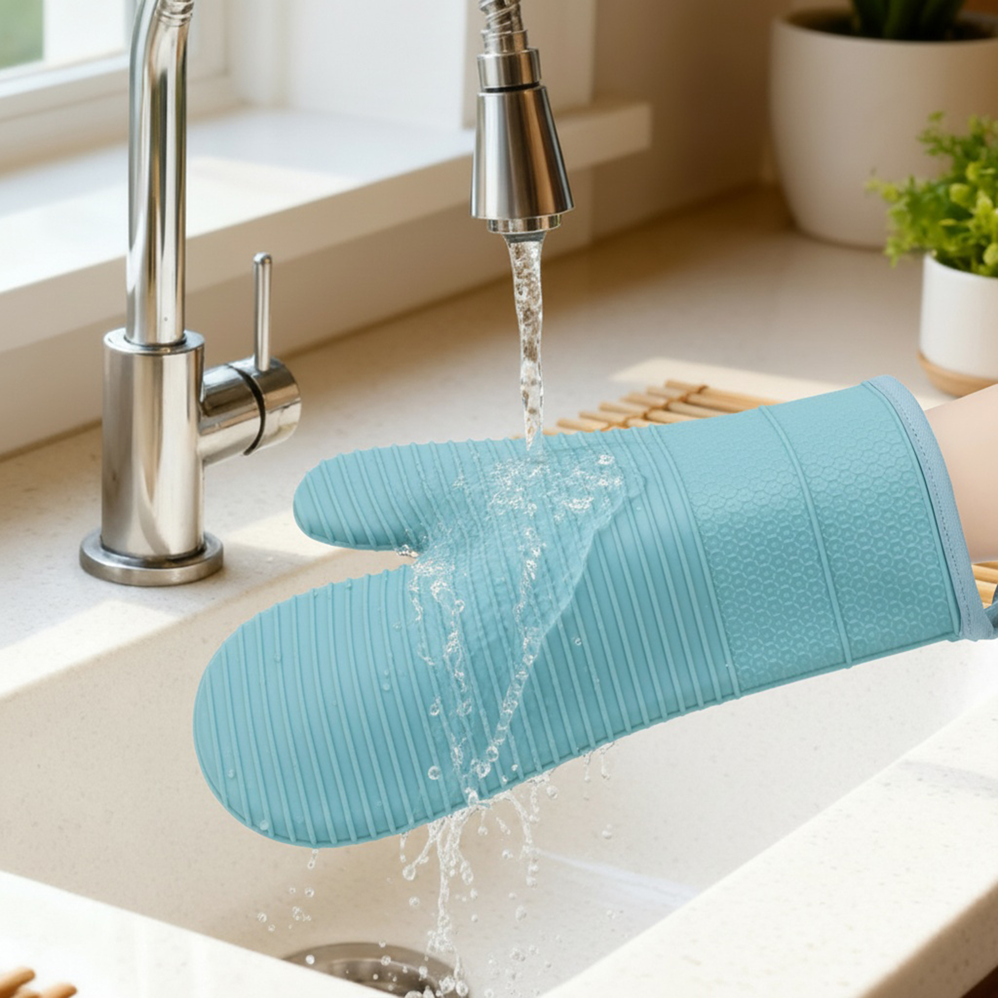 Unique Bargains Soft Oven Mitts Heat Resistant Cooking Gloves Sky Blue 12.4x7.5inch
