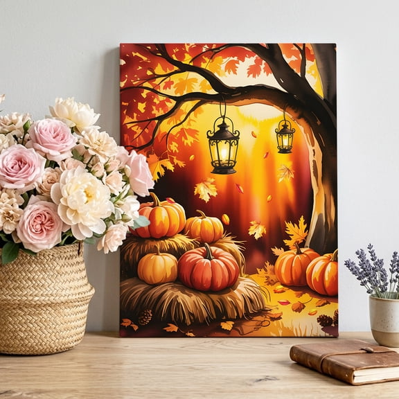 Maple Leaf Pumpkin Canvas Wall Art, Fall Thanksgiving Framed Canvas Wall Decor Picture Print Artwork Decorations for Living Room Office Ready to Hang 10" x 8"