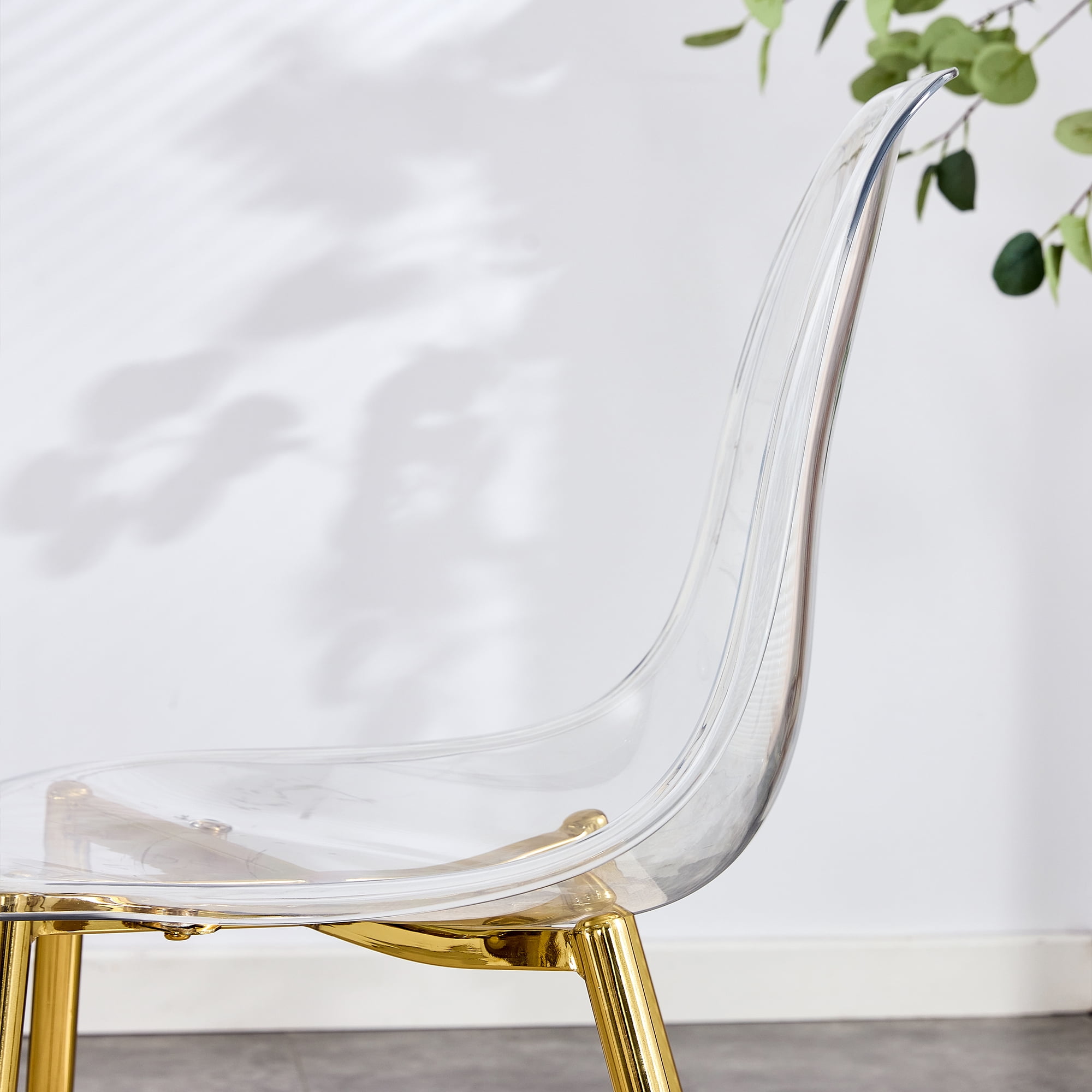 NYEESS Set of 4 Clear Transparent Dining Chairs Armless with Gold Metal Legs Modern Acrylic Side Chairs for Kitchen Dining Room