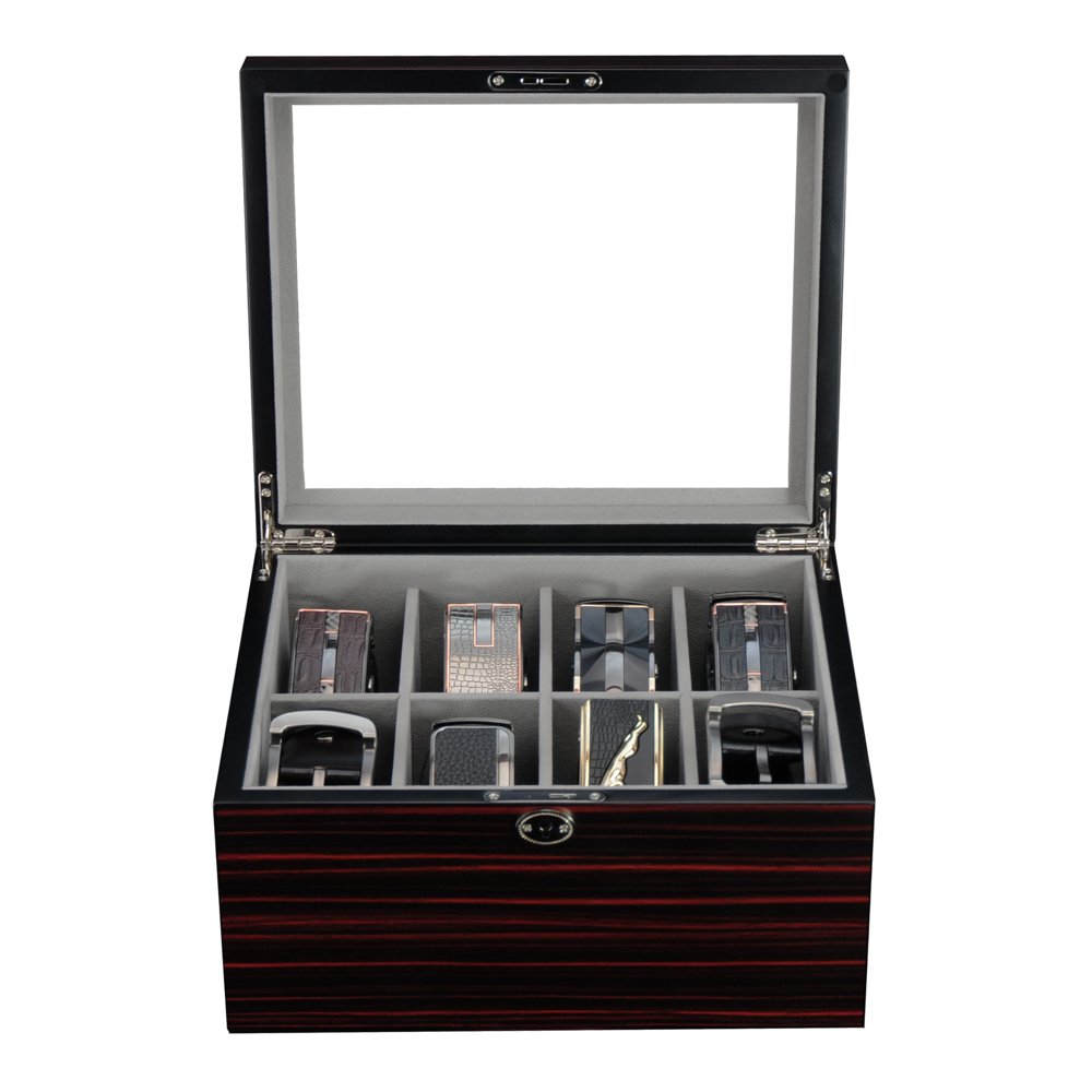 Timelybuys Belt Display Case for 8 Belts, Ties, and Men's Accessories Ebony Wood