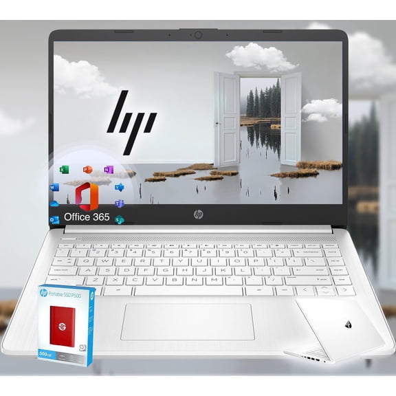 HP 14 Ultrabook • Intel 4-Core CPU • Back to School Limited Edition with Microsoft 365 • 32GB RAM • 1600GB Storage (64GB OnBoard withHP 512GB P500 Portable SSD   1TB OneDrive) • Snow White • Win 11