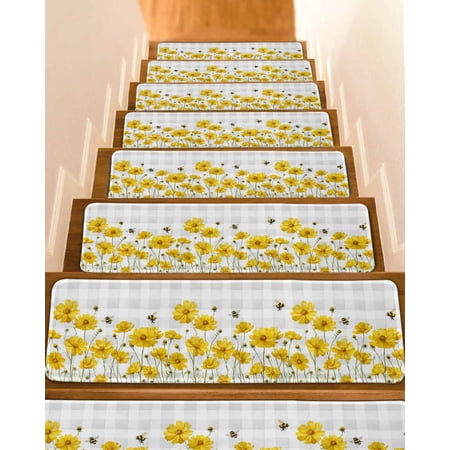 Yellow Flowers Stair Treads for Wooden Steps Indoor Runner Rug Carpet Summer Bee Country Floral Gray Plaid 10 Pieces Peel and Stick Staircase Step Treads Covers Washable Throw Door Mats 30 x8