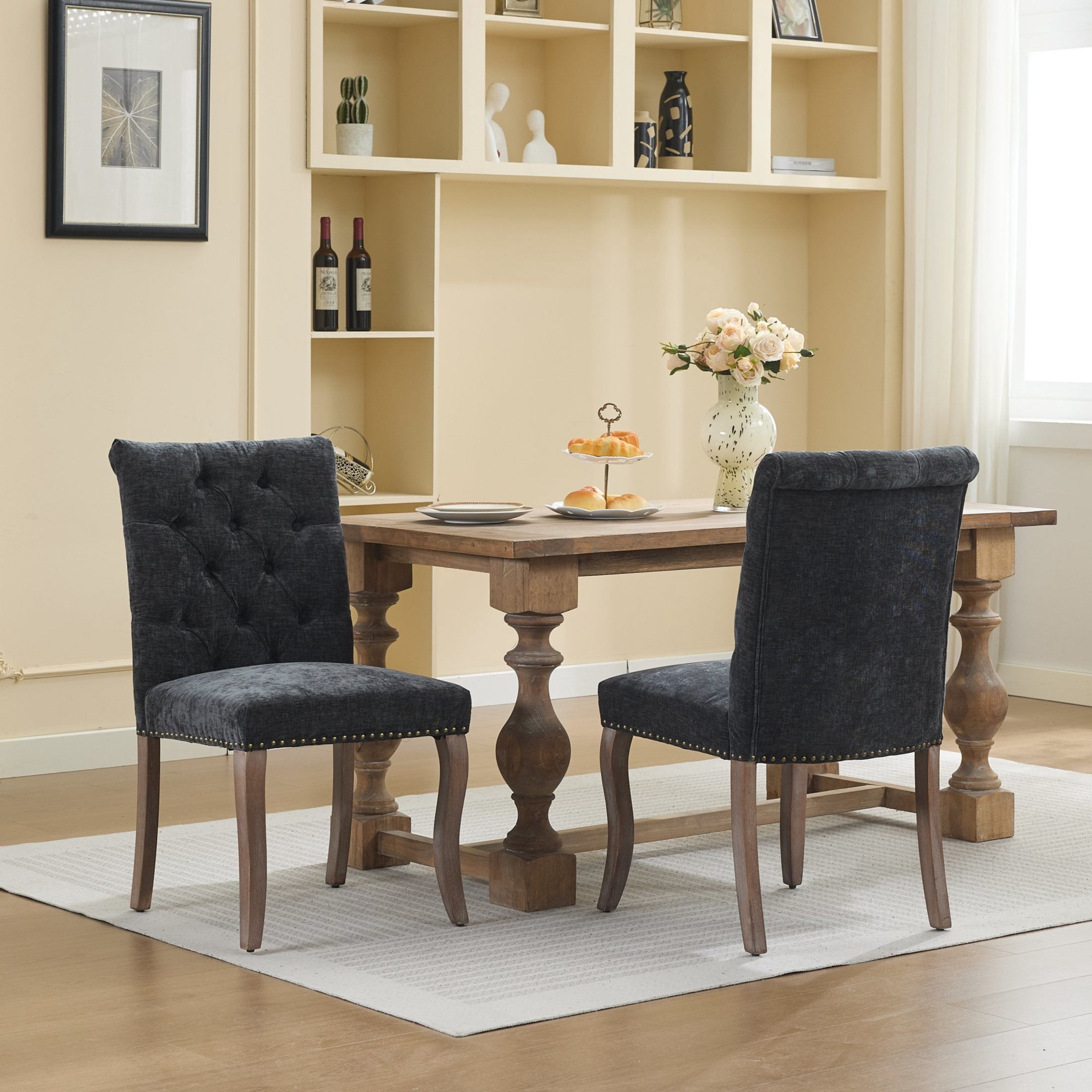 Noble House Set of 2 Tufted Chenille Upholstered Dining Chairs, Curved Solid Wood Legs, Black
