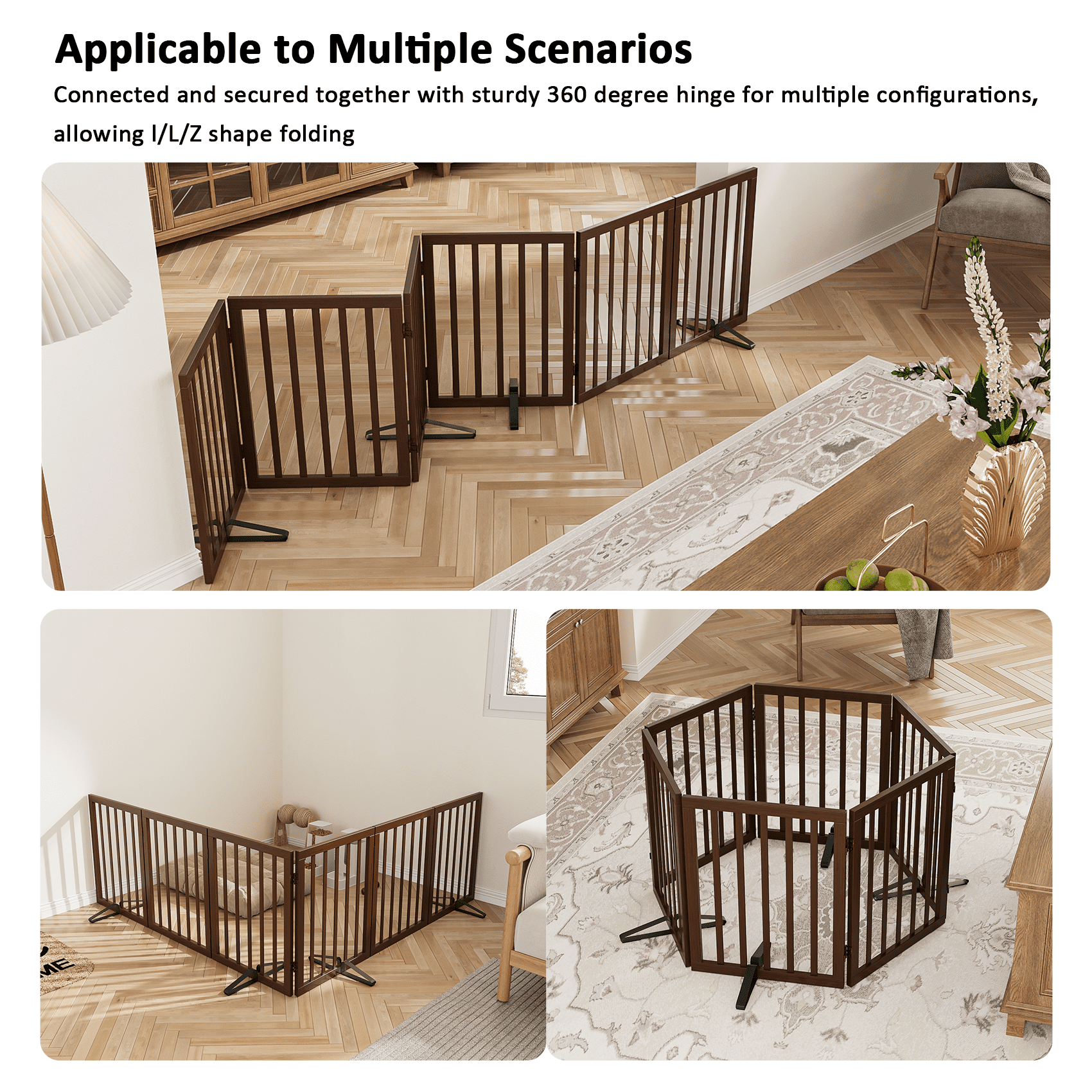 Smart FENDEE Bamboo Dog Gate Freestanding 6 Panel Pet Gate for Doorways, 4 Support Feet, Espresso