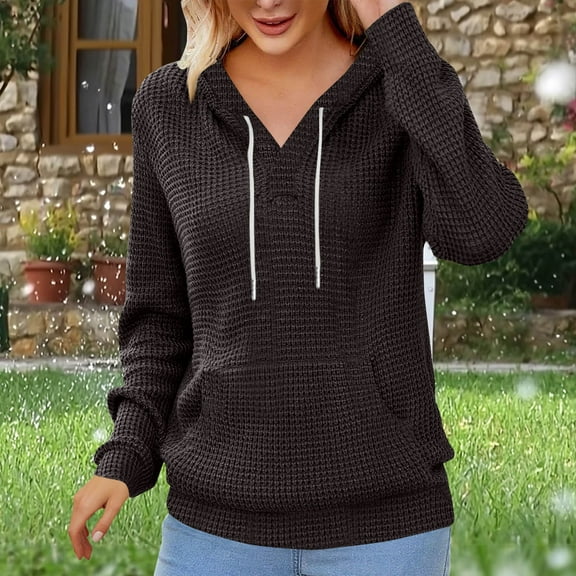 Guieoi Sweatshirts for Women Plus Size under $10.00 Women's Casual and Fashionable Solid T-shirt Hooded Pocket Long Sleeved Top Black Black*Friday/Cyber*Monday
