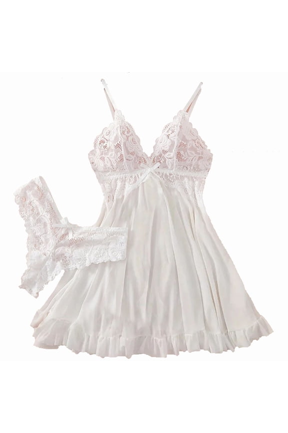 Women Sleepwear Summer Fall Lingerie Sexy Lace Mesh Shapewear And Alluring Sheer Nightgown Chemise Nighty Female Comfort Pyjamas,White ,Xl