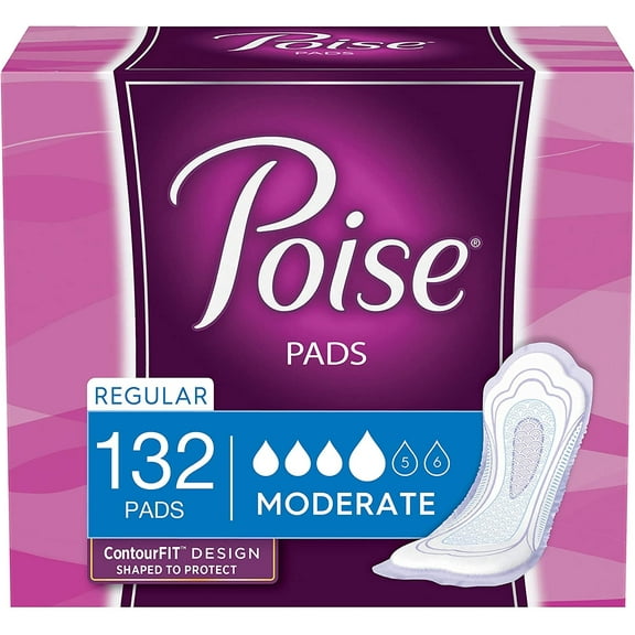 Poise Incontinence Pads for Women, Moderate Absorbency, Regular Length, 132 Count (2 Packs of 66) (Packaging May Vary)
