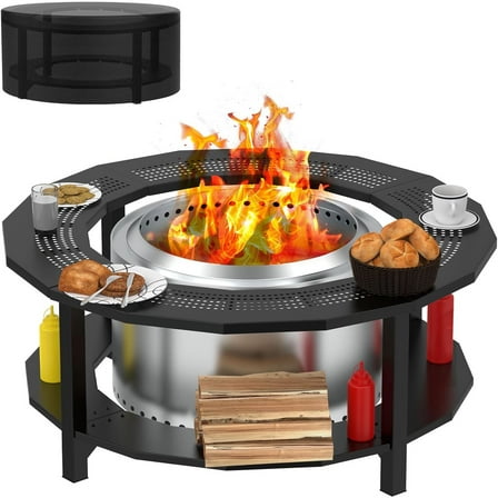 Fire Pit Surround Tabletop for Yukon, Bonfire, , Outdoor Smokeless Fire Pit Table for Wood Burning Fire Pits, Powder-Coated Steel Stove Table Surround with Cover for