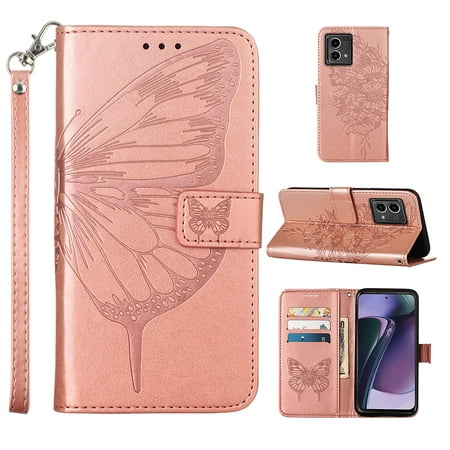 Feishell for Motorola Moto G Stylus 5G (2023) Flip Wallet Case with Wrist Strap,Butterfly & Flower Embossed Pattern PU Leather Magnetic Buckle Folio Credit Card Slots Kickstand Phone Case,Rosegold