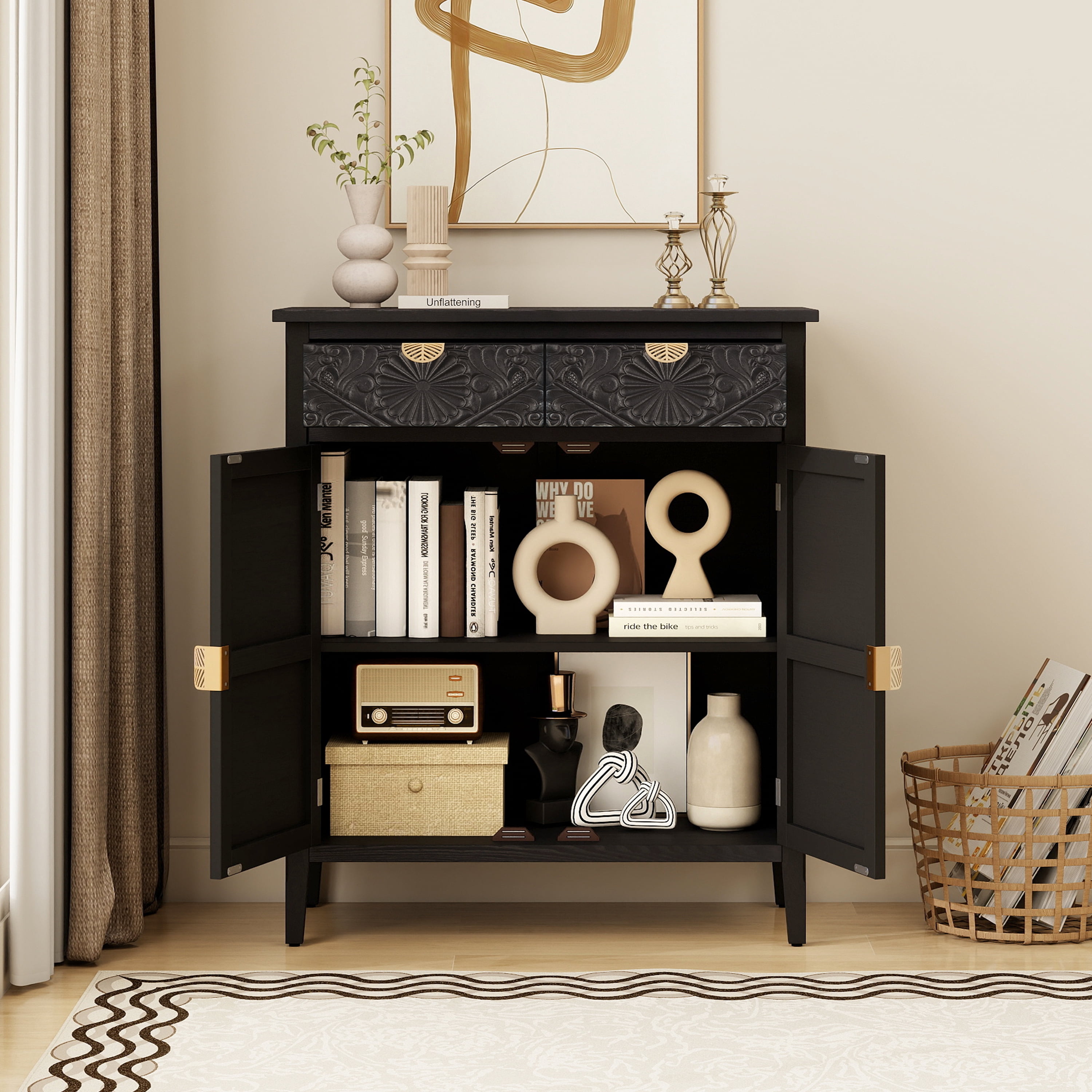 Hand-Carved Floral Embossed Black Wooden Accent Storage Cabinet with Drawer & Cabinet Doors, Gold Handles, Adjustable Shelf Anti-Tip Design, Sideboard for Entryway Living Room