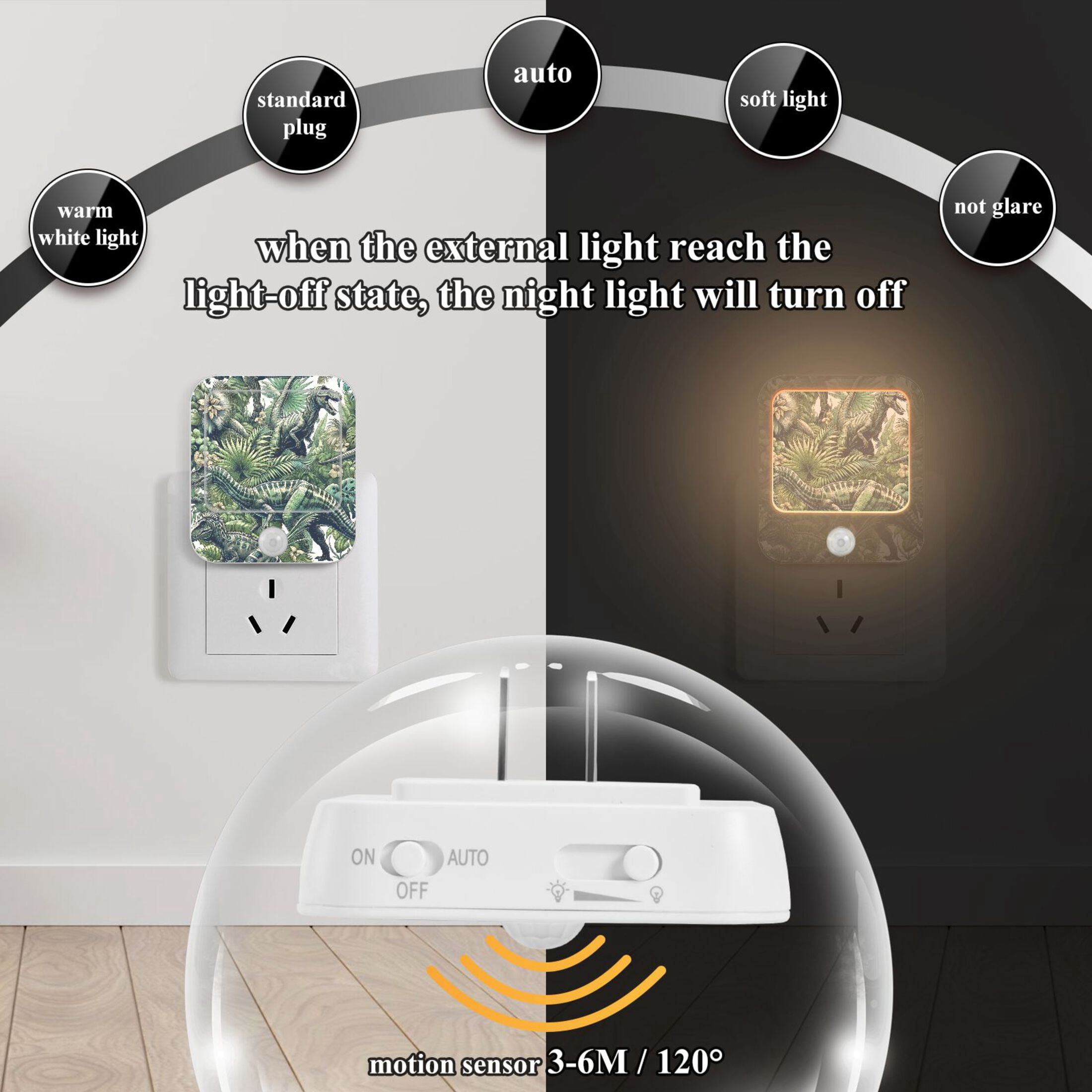 Dinosaurs Leaves Night Lights Plug into Wall LED with Auto Light Sensor Warm Light for Kids Hallway Bedroom Living Room Kitchen Bathroom Set of 2