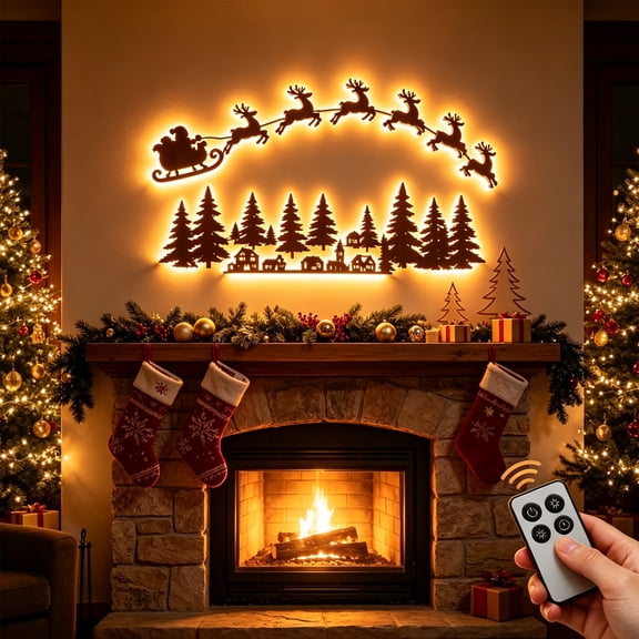 Lighted Christmas Wall Decor Set, Wooden Santa Sleigh Reindeer and Village Tree Silhouette with Warm LED Backlight and Remote Control for Indoor Holiday Living Room Entryway