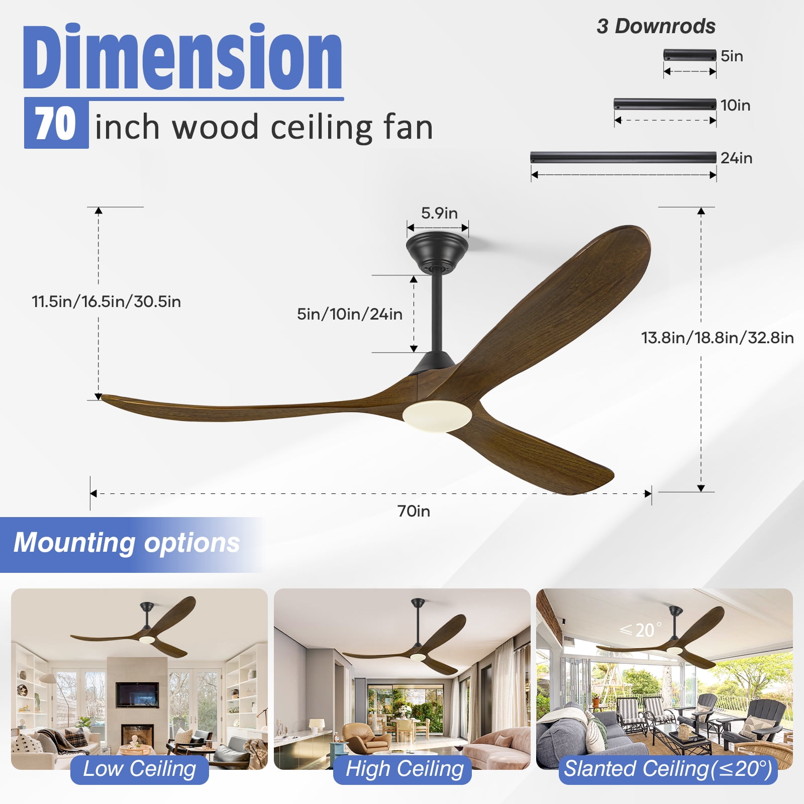 70 inch Farmhouse Wood Ceiling Fan with LED Light and APP Remote Control