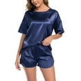 thumbnail image 4 of BEOEOSY Silk Pajama for Women Short Sleeve Satin Pj Set Two Piece Soft Sleepwear Loungewear,Navy Blue, M, 4 of 8