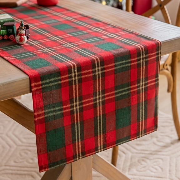 Green Red Buffalo Plaid Table Runner, Seasonal Fall Christmas Kitchen Dining Table Decoration for Outdoor Home Party 13x72 Inch