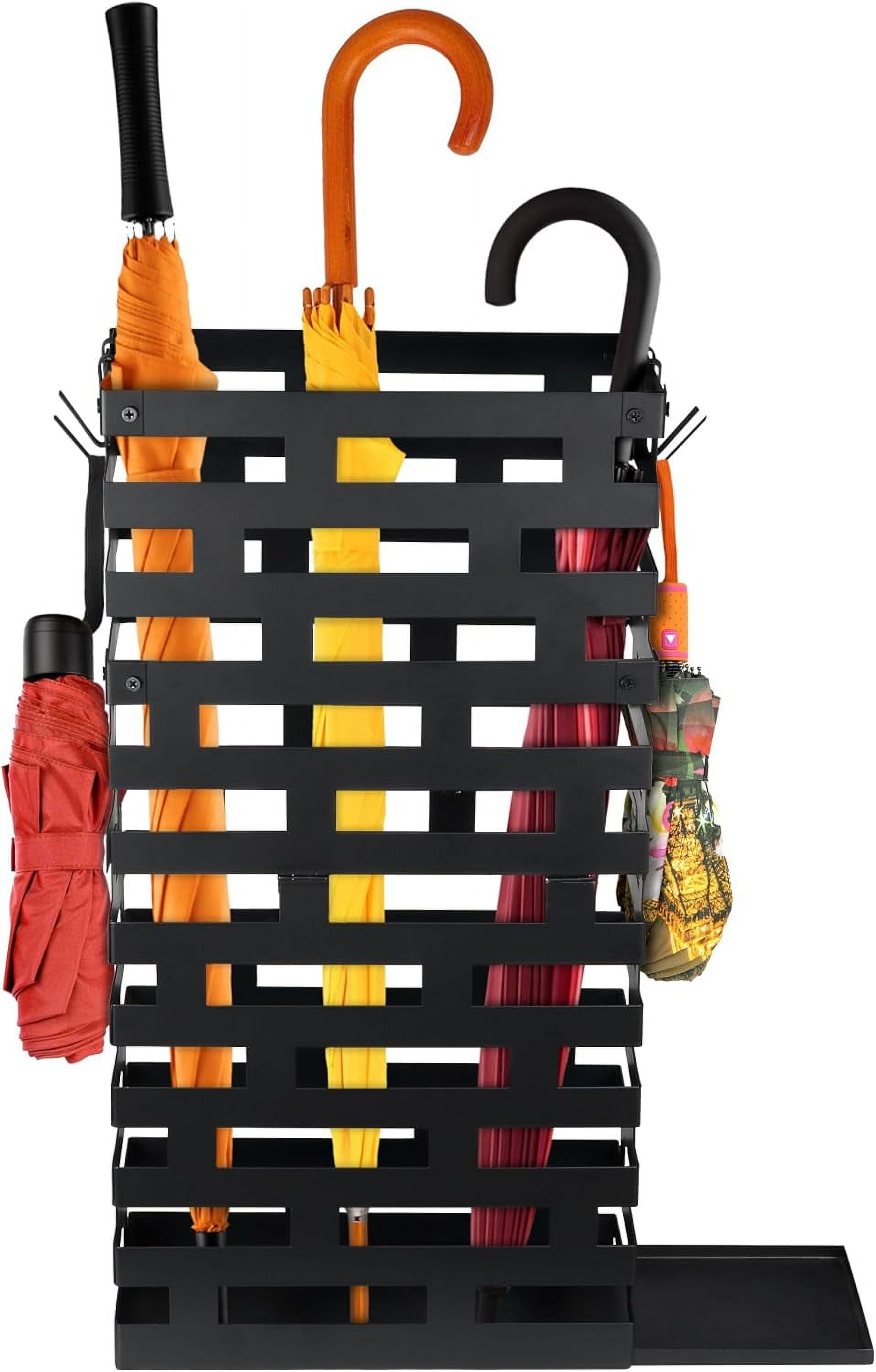 Umbrella Holder for Indoor Entryway, Large Metal Umbrella Stand with Removable Water Tray and Hooks, Umbrella Rack Storage for Home, Office, Hotel