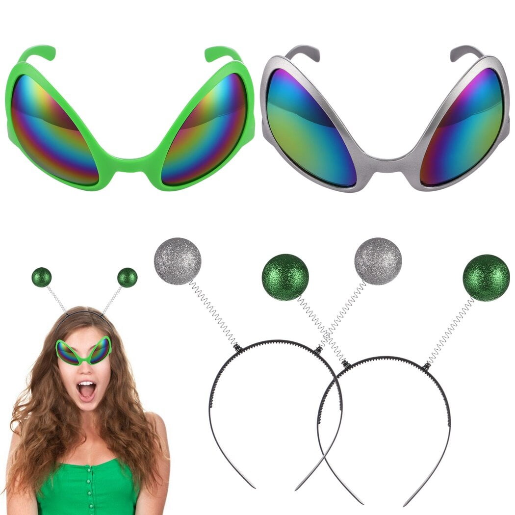 2 Pairs Alien Headbands and Glasses, Alien Antenna Headbands Rainbow Lens Sunglasses, Alien Head