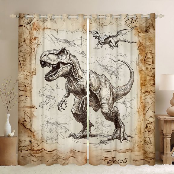 Homewish Woodland Dinosaur Kitchen Curtains,Minimalist Sketch Dino Black Out Curtains Pack of 2 (42x63 Each),Brown