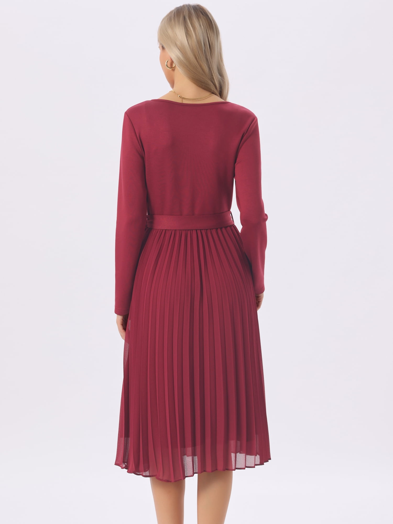 DARING DIVA Women's Pleated Crewneck A Line Flowy Long Sleeve Dress XL Wine Red