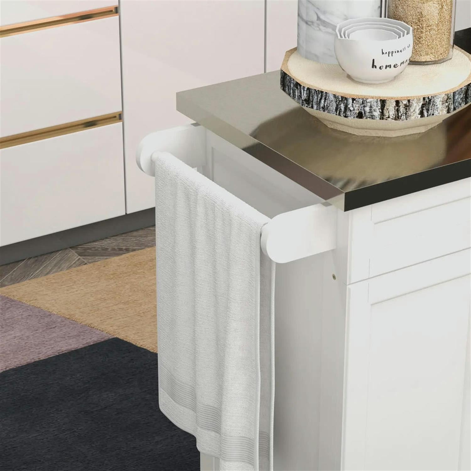 Demi Bonn 35" Kitchen Island Cart on Wheels with Stainless Steel Top, Rolling Dining Room Serving Utility Carts Mobile Movable with Towel Rack, White
